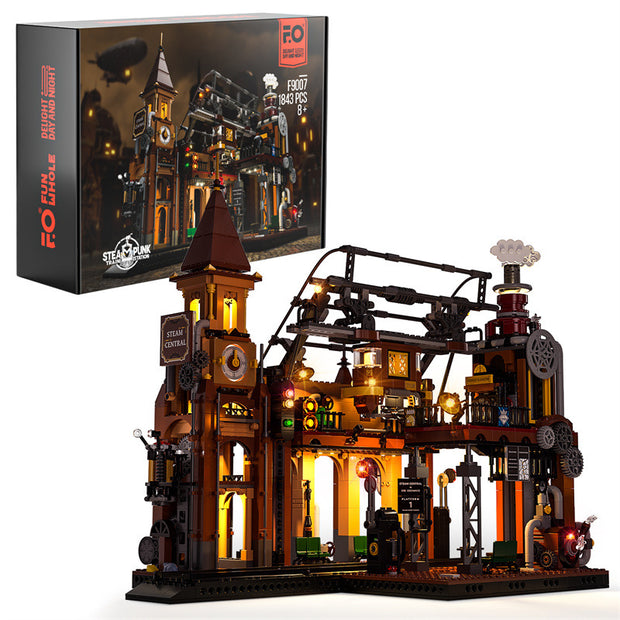 Steampunk Train Station Building Blocks Light Puzzle Model Toys