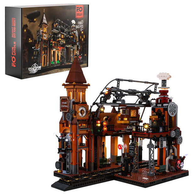 Steampunk Train Station Building Blocks Light Puzzle Model Toys